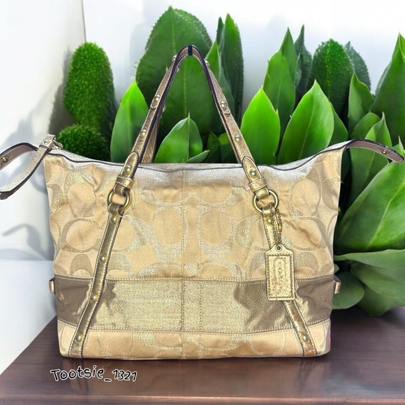 COACH - Beige & Gold Signature Stripe Lurex Studded Satchel Tote - Picture 1 of 13